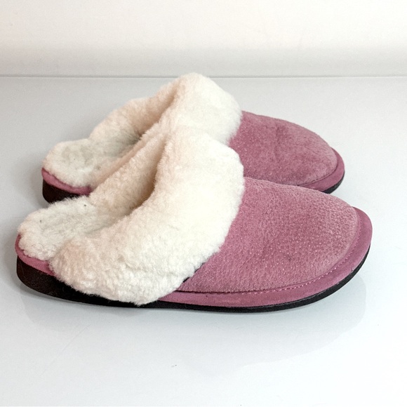 Old Friend Shearling Slippers W5-6 Pink Leather Scuffs - Picture 3 of 7